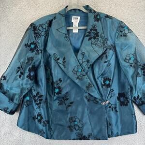 R&M Richards Jacket 26W MOB Floral Velvet Burnout Rhinestone Clasp Sheer Chiffon